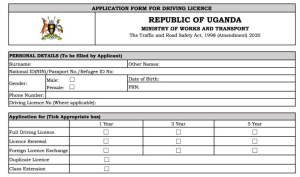 Application form for Uganda Driving Licence