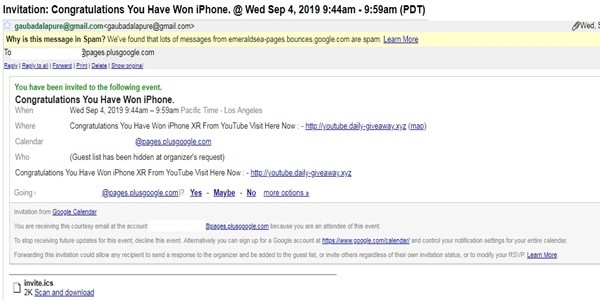 Invitation: Congratulations You Have Won iPhone Is a Calendar Spam